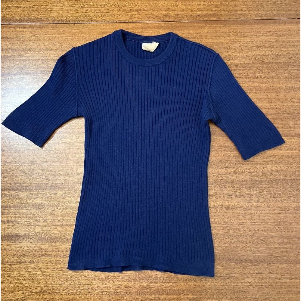 Vintage Courreges Paris Navy Blue Ribbed Knit Elbow Wool Sleeve Top Made France